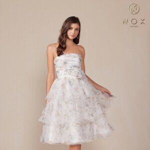 FORMAL SLEEVELESS STRAPLESS A-LINE MIDI RUFFLE DRESS W/ FLORAL PRINT NX Q842